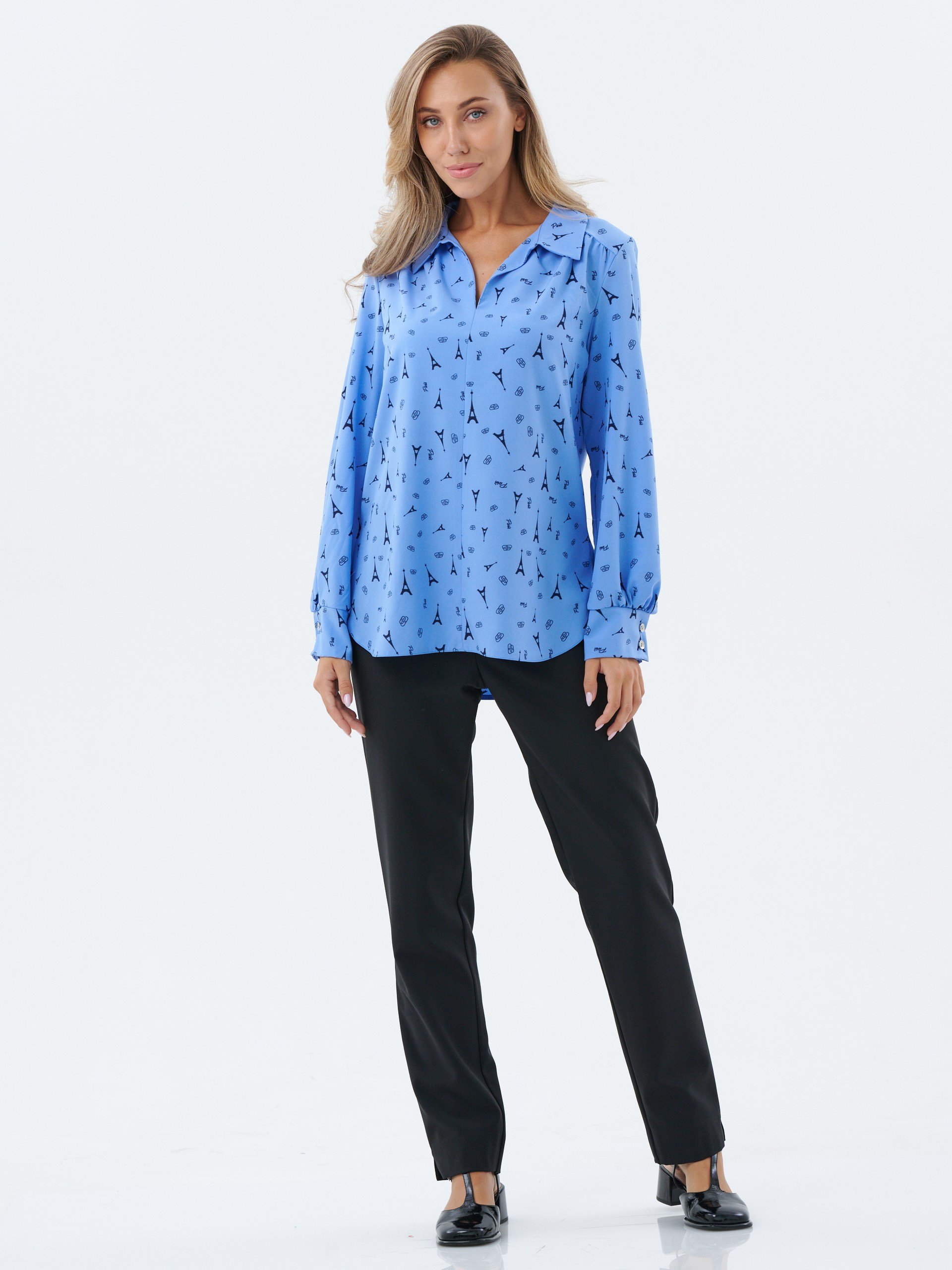 Блузка удлиненная с воротником васильковая Блузка удлиненная с воротником васильковая